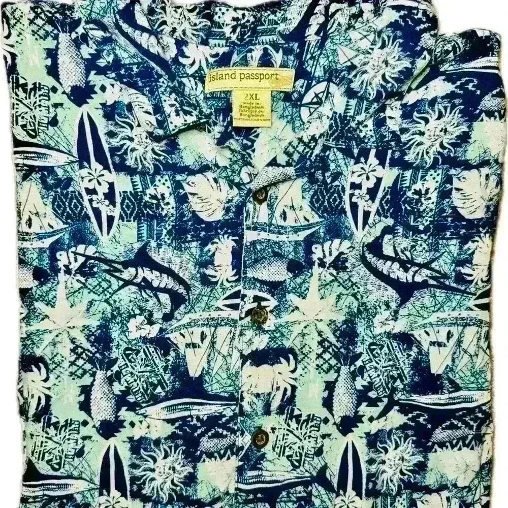 Island Passport Nautical Print Short Sleeve Camp Button Up Nautical Print 2X - Picture 5 of 5